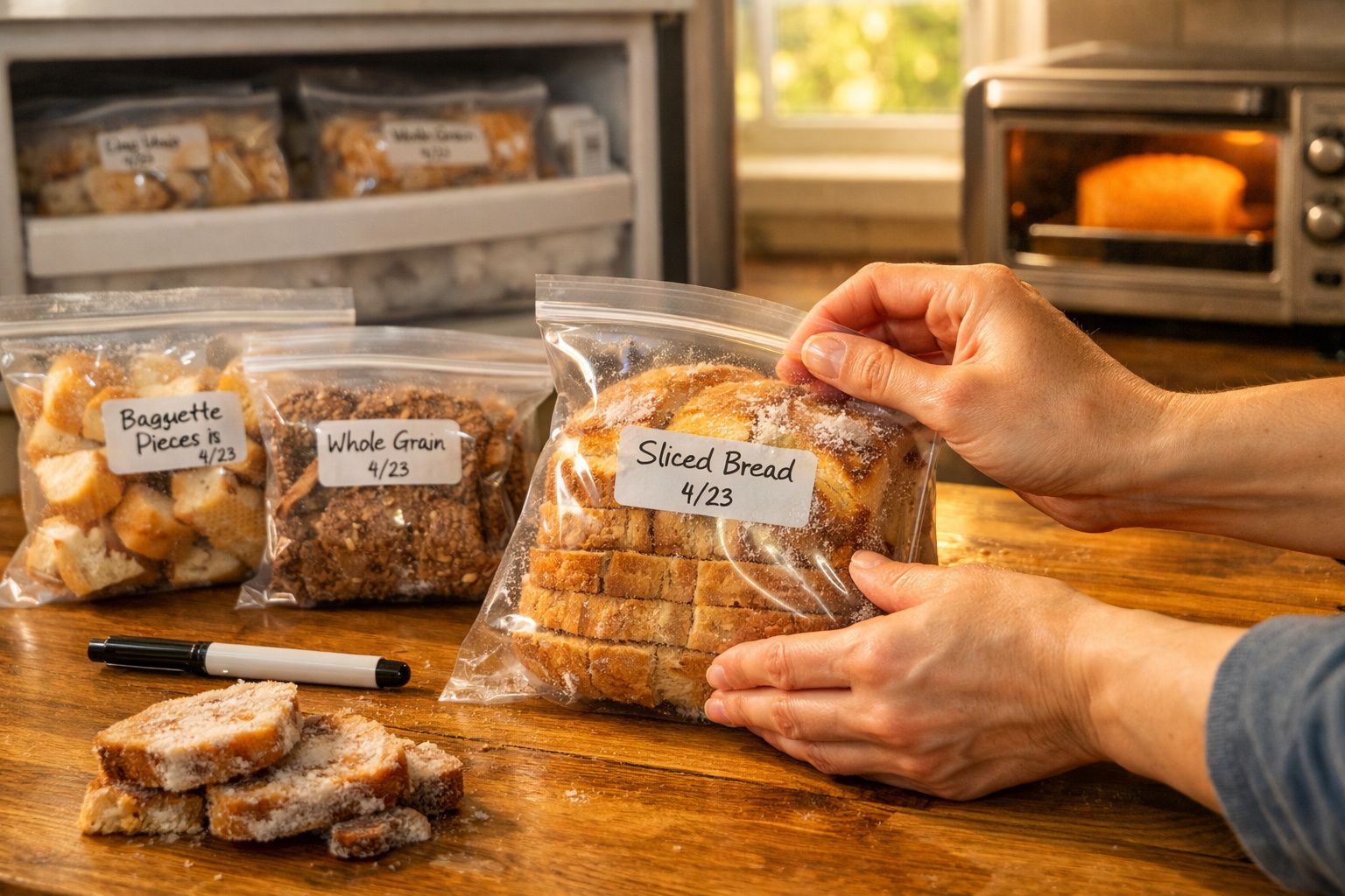 Mãos a acondicionar pão fatiado em saco plástico com etiqueta, ao lado de outros sacos com diferentes tipos de pão.
