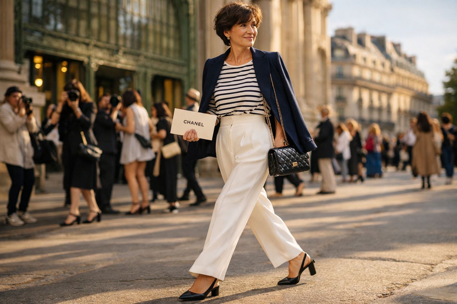 Mulher elegante de blazer azul e calças brancas a caminhar numa rua movimentada com convite Chanel na mão.