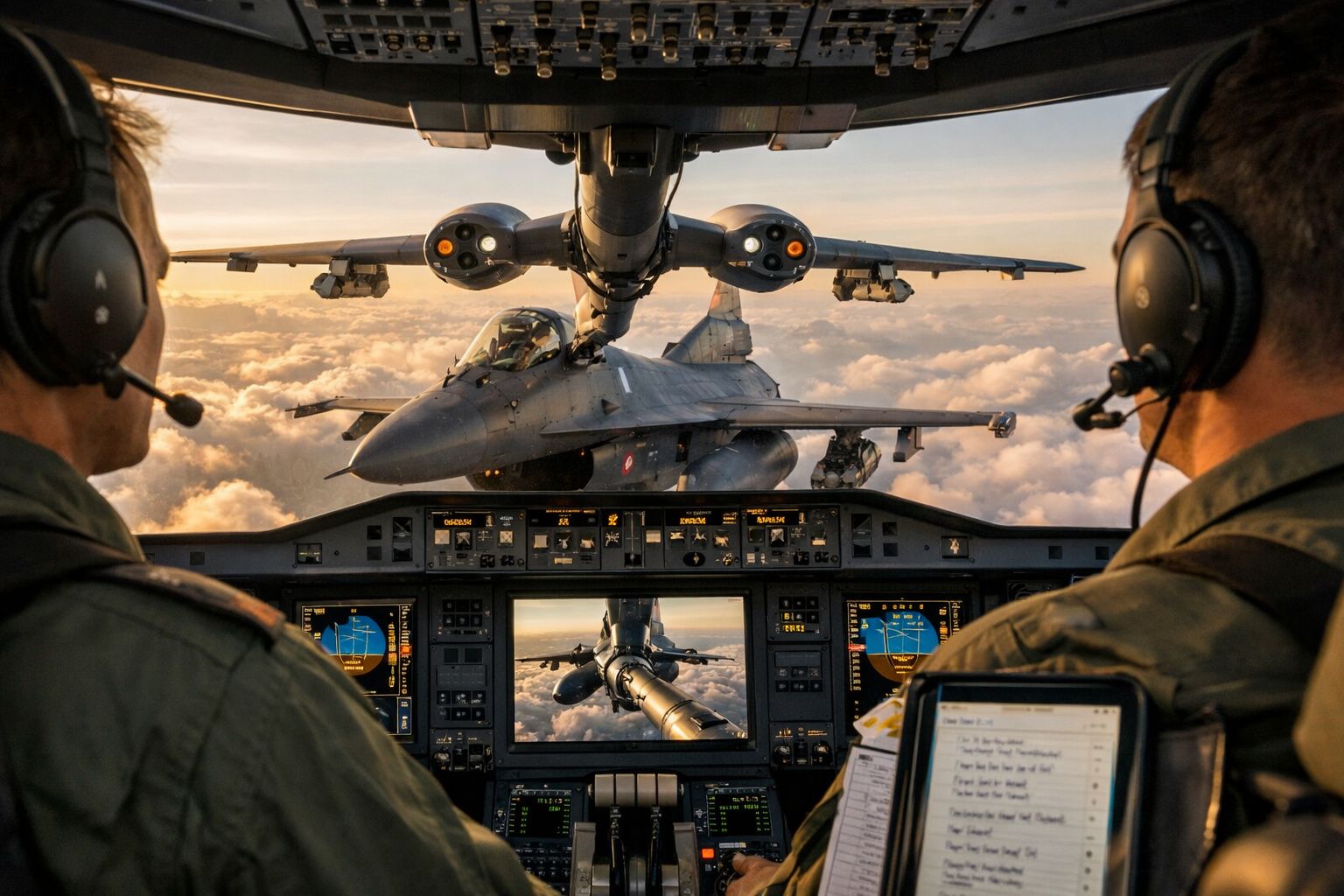 Dois pilotos dentro da cabine de reabastecimento aéreo com caça F-16 a ser reabastecido em voo ao pôr do sol.