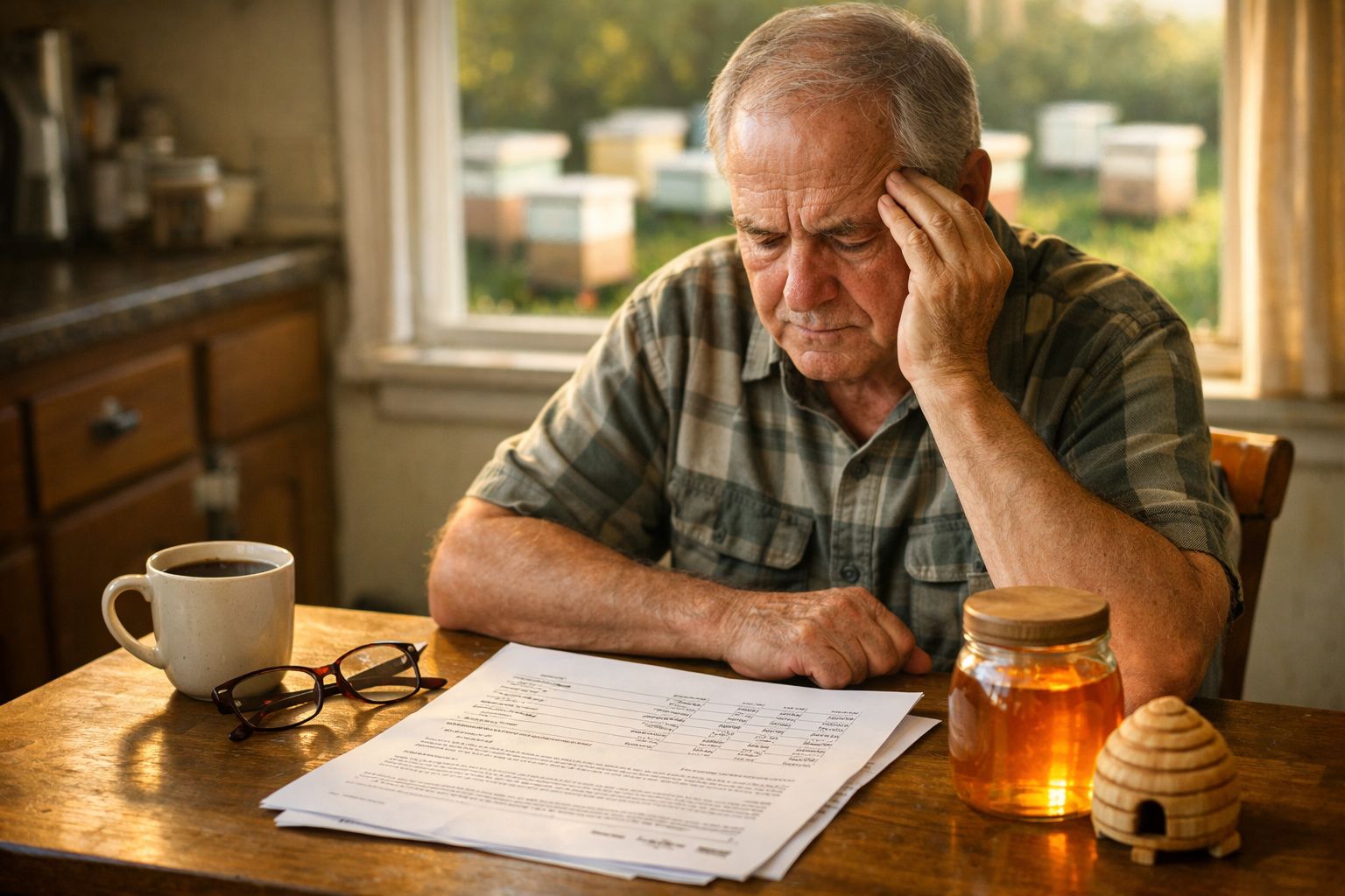 Homem idoso sentado a analisar documentos à mesa com chávena, jarro de mel e óculos numa cozinha iluminada.