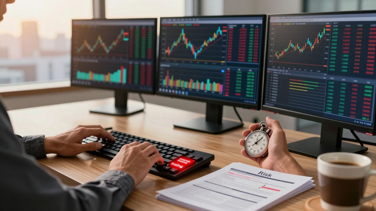 Pessoa a analisar gráficos financeiros em três monitores, com cronómetro e documentos na secretária.