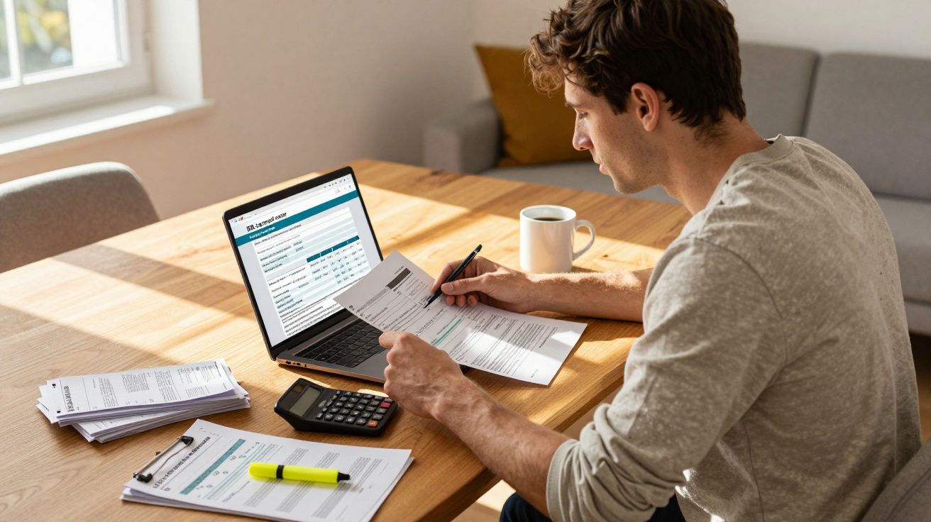 Homem sentado a preencher documentos fiscais com portátil, calculadora e caneca numa mesa de madeira.