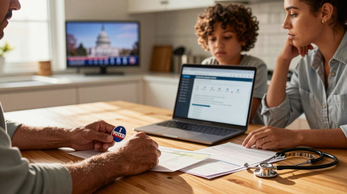 Pessoa segura autocolante "I Voted" sentada à mesa com mulher e criança, laptop aberto e estetoscópio à frente.