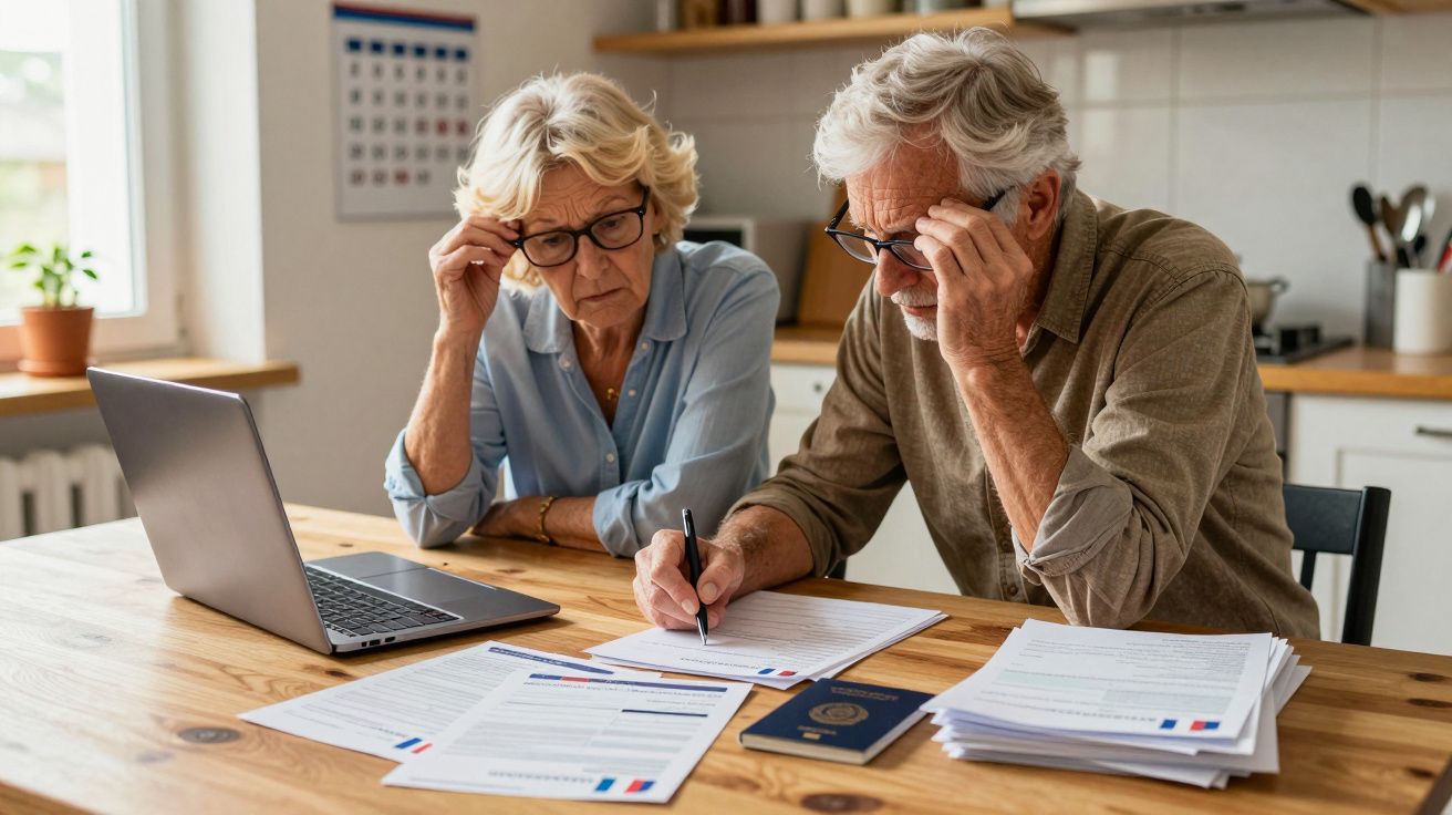 Casal sénior preocupado a analisar documentos e usar um computador numa cozinha moderna.