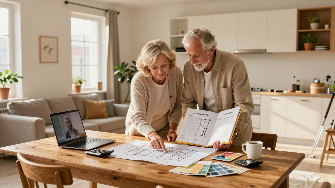 Casal sénior analisa plantas e amostras de cores numa mesa de madeira, com consulta virtual no portátil.