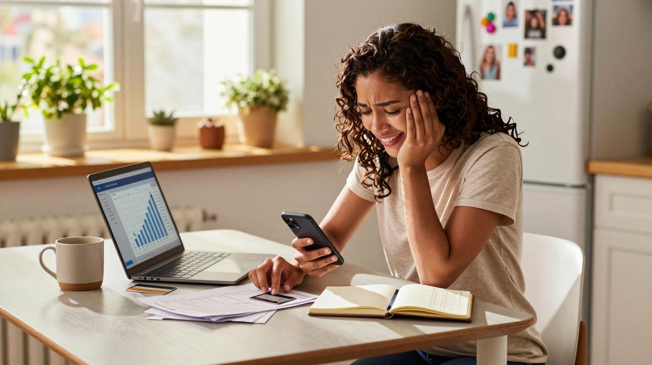 Mulher preocupa-se ao ver documentos e telemóvel, sentada numa mesa com portátil e caderno.