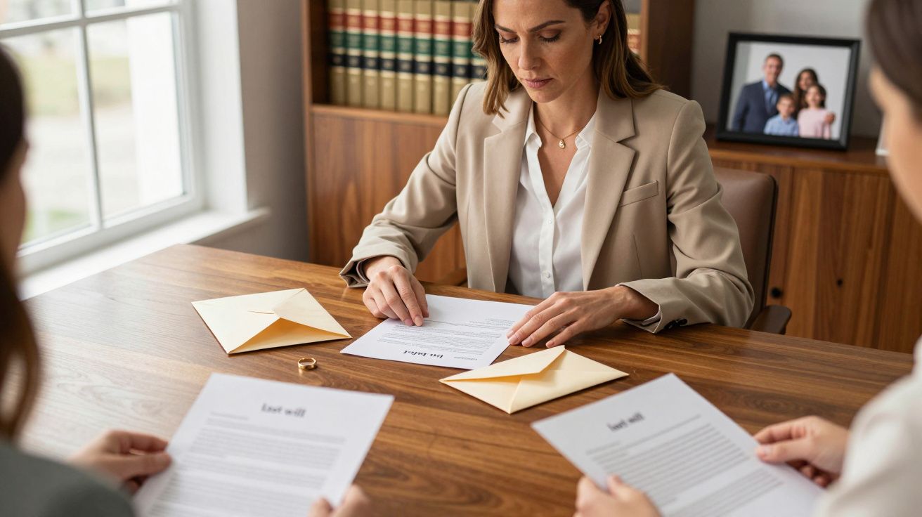 Advogada a explicar documentos legais a casal sentado numa mesa de madeira junto a uma janela.