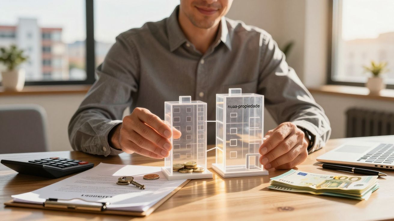 Homem a segurar maquetes de edifícios transparentes sobre moedas, com documentos, chaves e dinheiro na mesa.