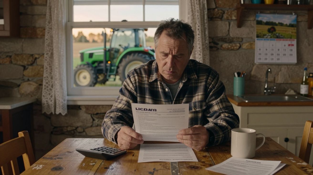 Homem preocupado a ler documentos sentado à mesa de madeira numa cozinha rústica com trator à janela.