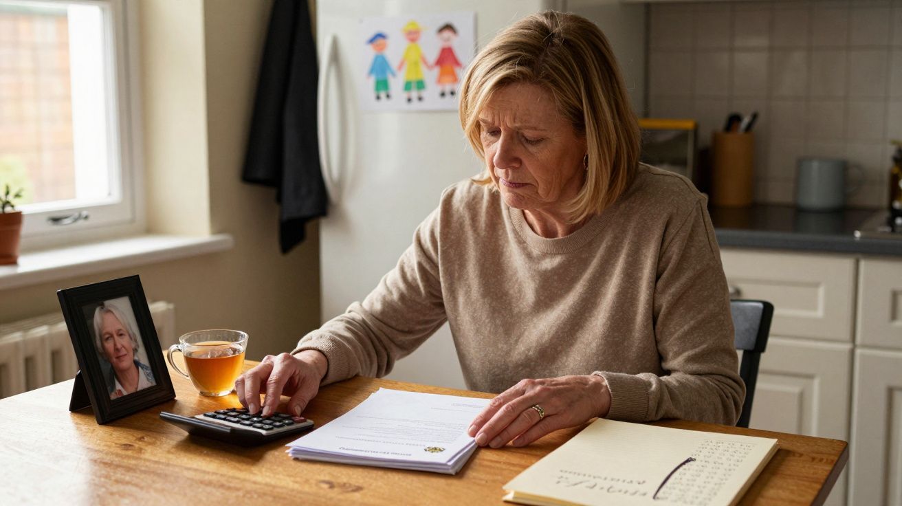 Mulher séria a calcular despesas numa mesa, com foto de senhora e chá ao lado, numa cozinha iluminada.