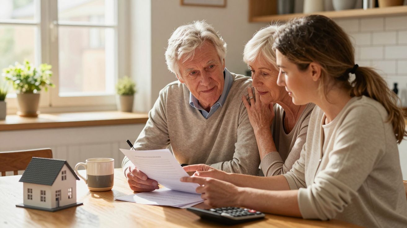 Casal sénior e jovem analisam documentos financeiros numa mesa com maquete de casa.