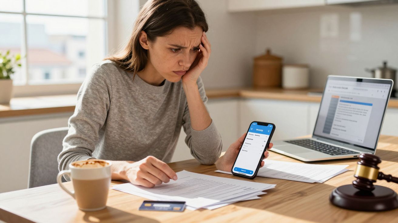 Mulher preocupada a analisar documentos, segurando telemóvel, com laptop, cartão e maço de café numa mesa.