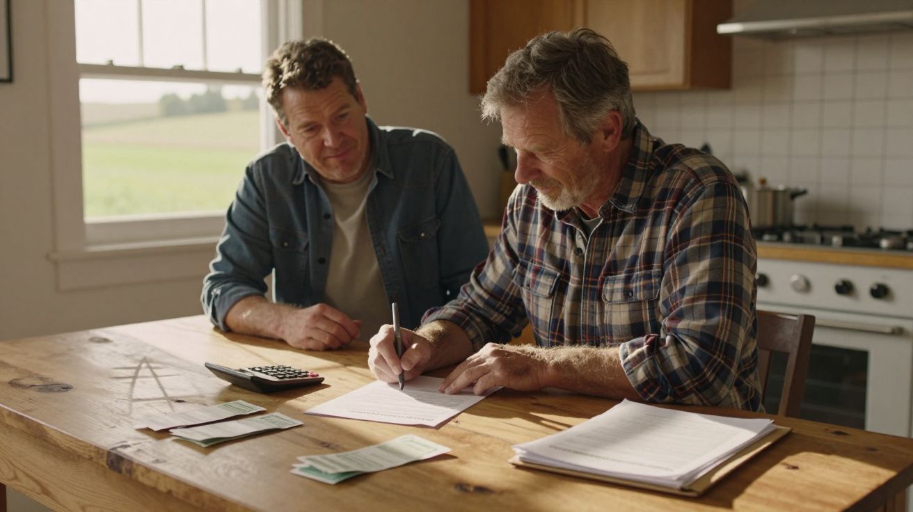 Dois homens sentados à mesa da cozinha, um a escrever e o outro a observar cálculos e documentos.