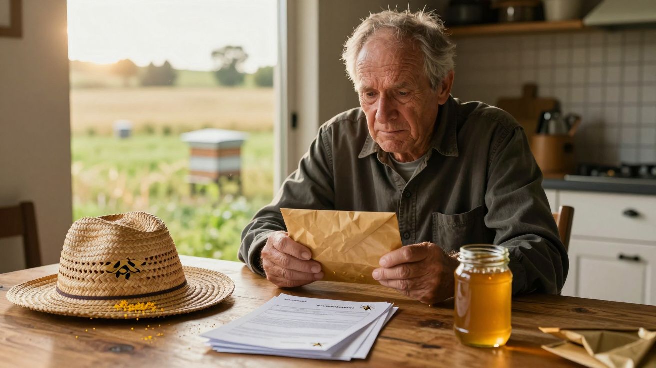 Idoso sentado à mesa a ler carta com papelada, jarra de mel e chapéu de palha numa cozinha rústica.
