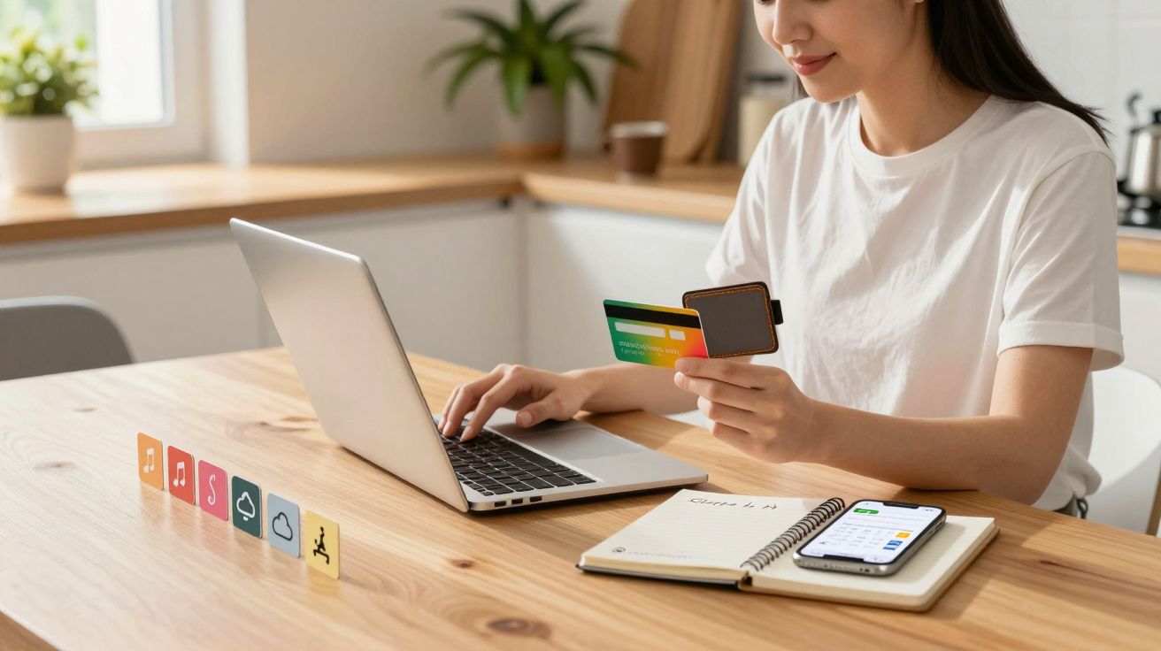 Mulher a fazer compras online com computador, cartão de crédito e telemóvel numa mesa de madeira.