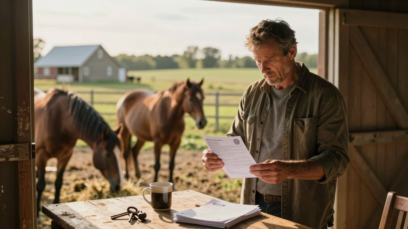 Homem a ler documentos numa quinta com dois cavalos ao fundo e luz natural entrando por porta aberta.