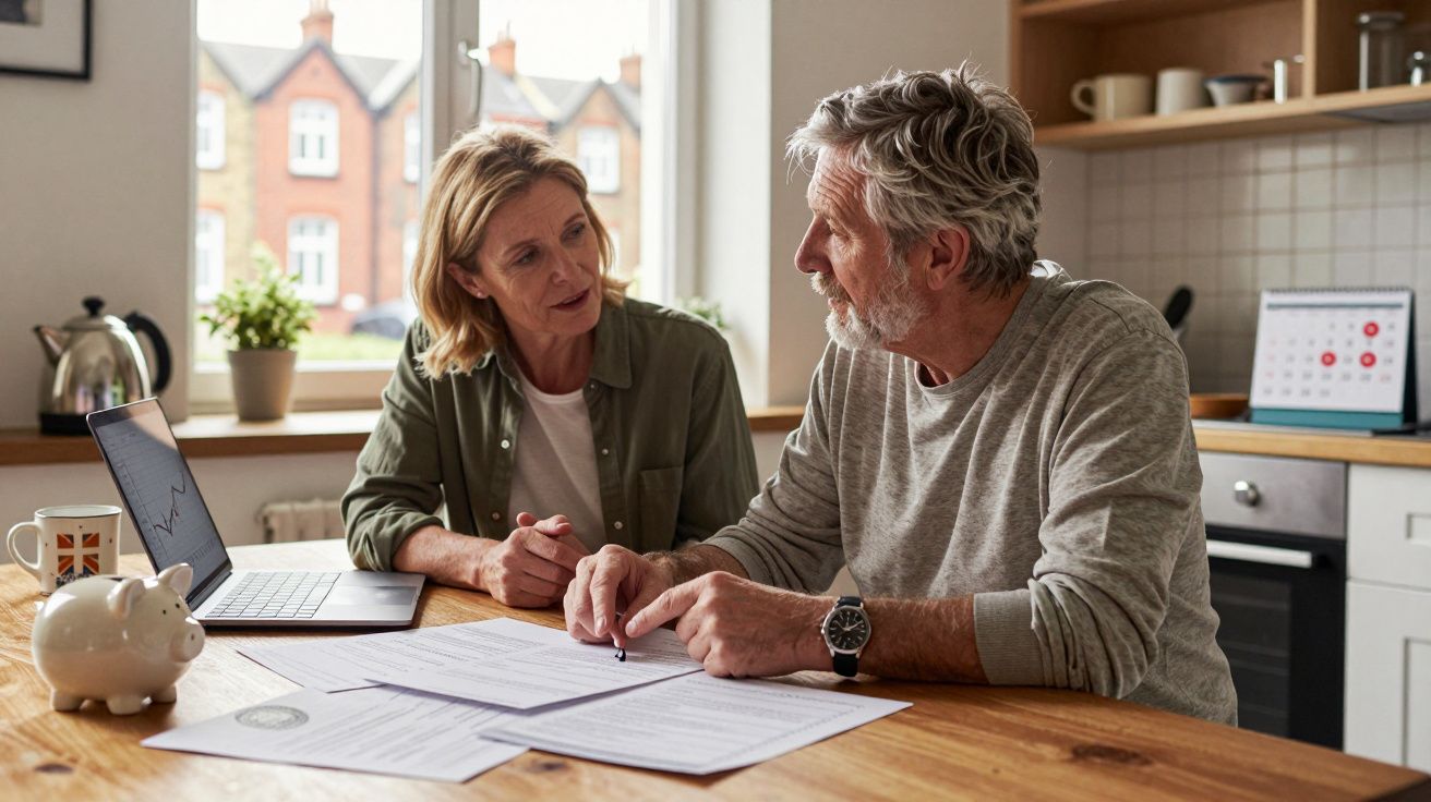 Casal maduro a discutir documentos financeiros numa cozinha com portátil aberto e mealheiro em mesa de madeira.