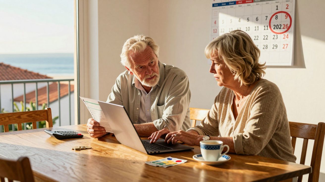 Casal sénior sentado à mesa com computador e documentos, a discutir finanças numa sala iluminada.
