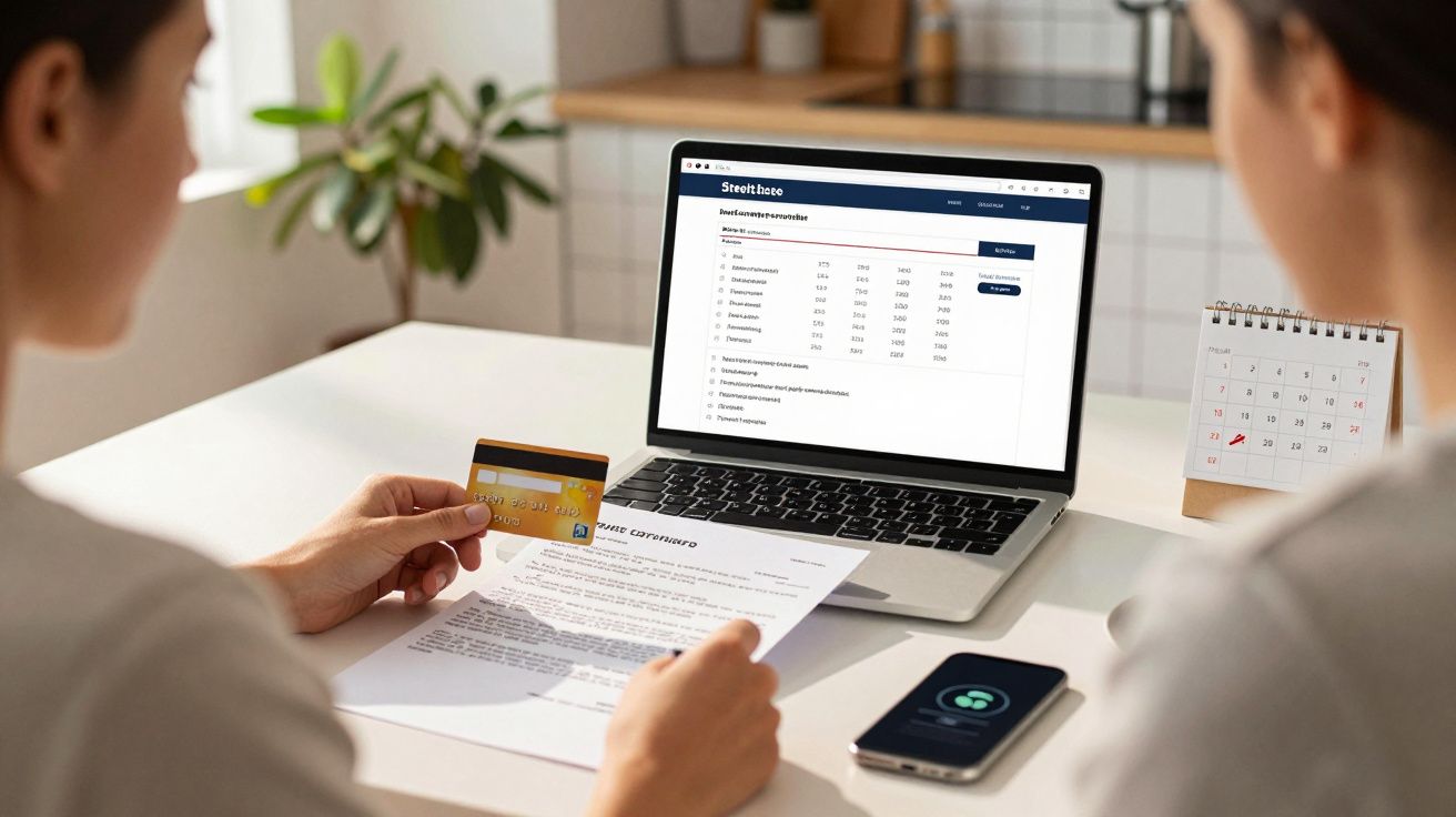Pessoa a fazer pagamento online com cartão de crédito, computador portátil, telemóvel e calendário na mesa.