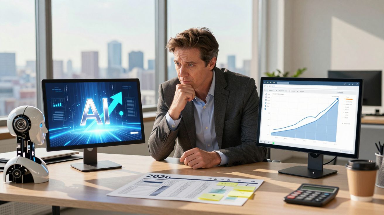 Homem de negócios a analisar gráficos de crescimento de IA num escritório moderno com robô artificial ao lado.