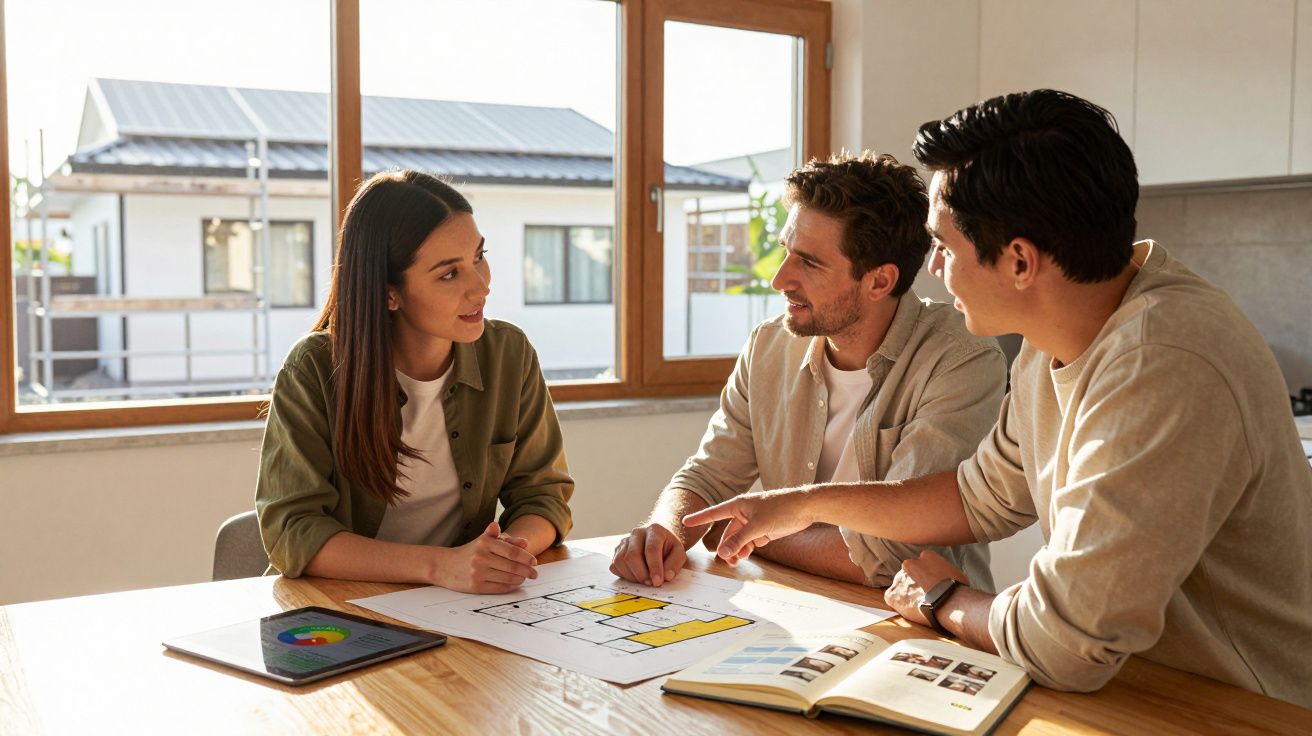 Três pessoas discutem plantas de arquitetura numa mesa junto a uma janela luminosa numa sala moderna.