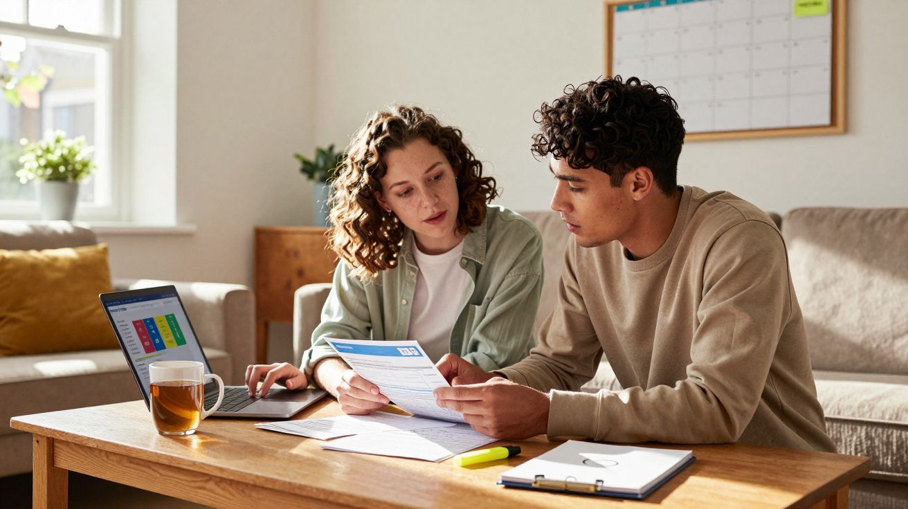 Casal jovem sentado à mesa a analisar contas e gráficos num ambiente doméstico iluminado.