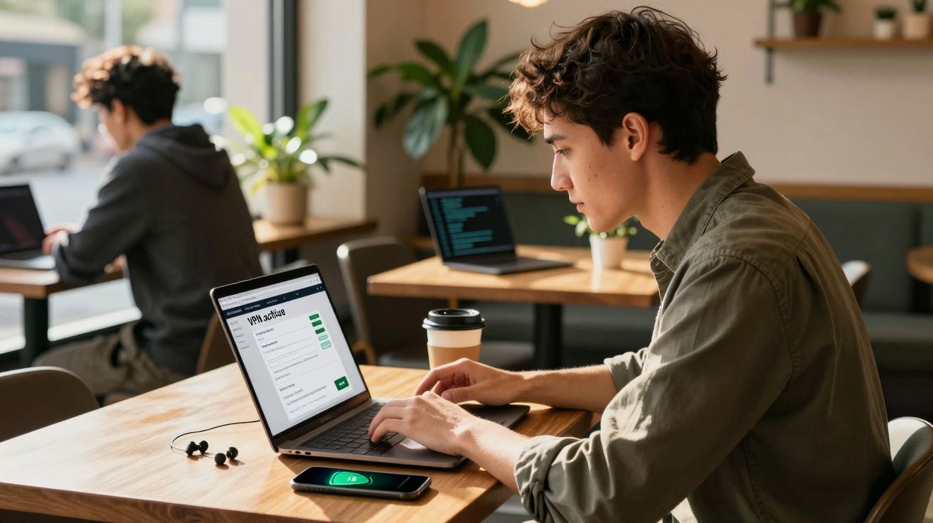 Jovem a trabalhar num portátil num café, com outro portátil e smartphone a carregar na mesa.