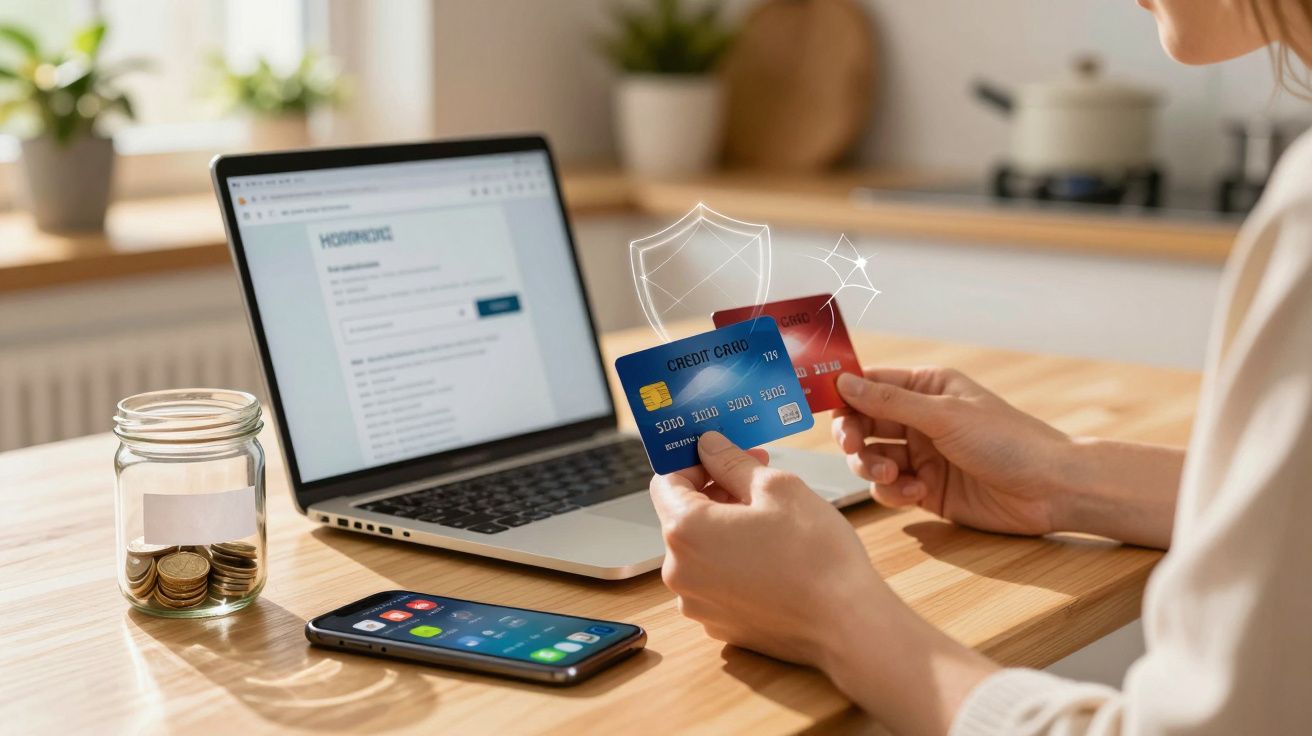 Pessoa a usar cartões de crédito para compras online num computador portátil numa cozinha.