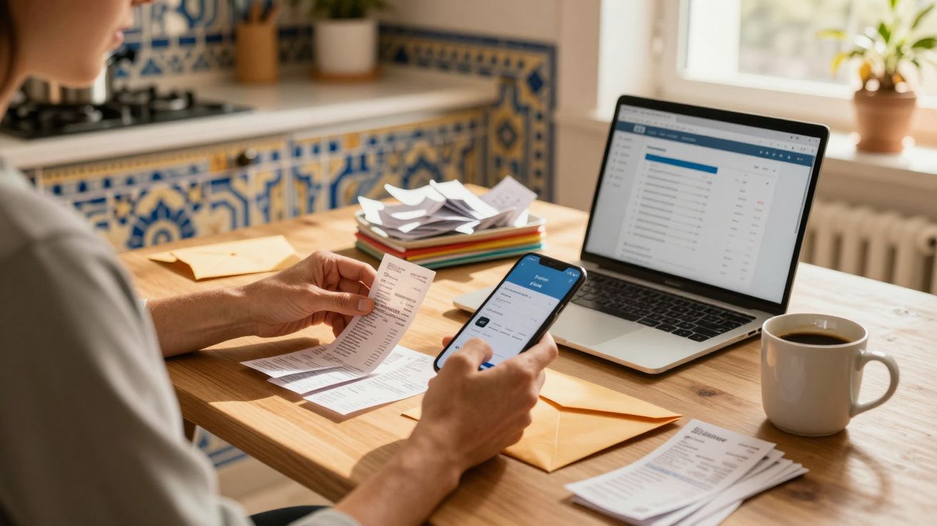 Pessoa a gerir faturas e extratos com telemóvel, computador portátil e café numa cozinha com azulejos decorativos.