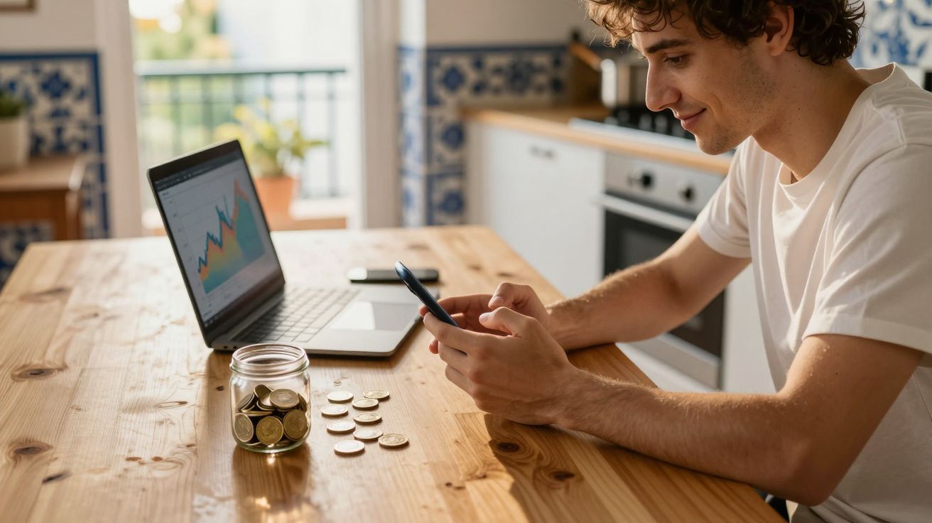 Homem jovem sentado à mesa com cofre, moedas e portátil a analisar finanças numa cozinha iluminada.