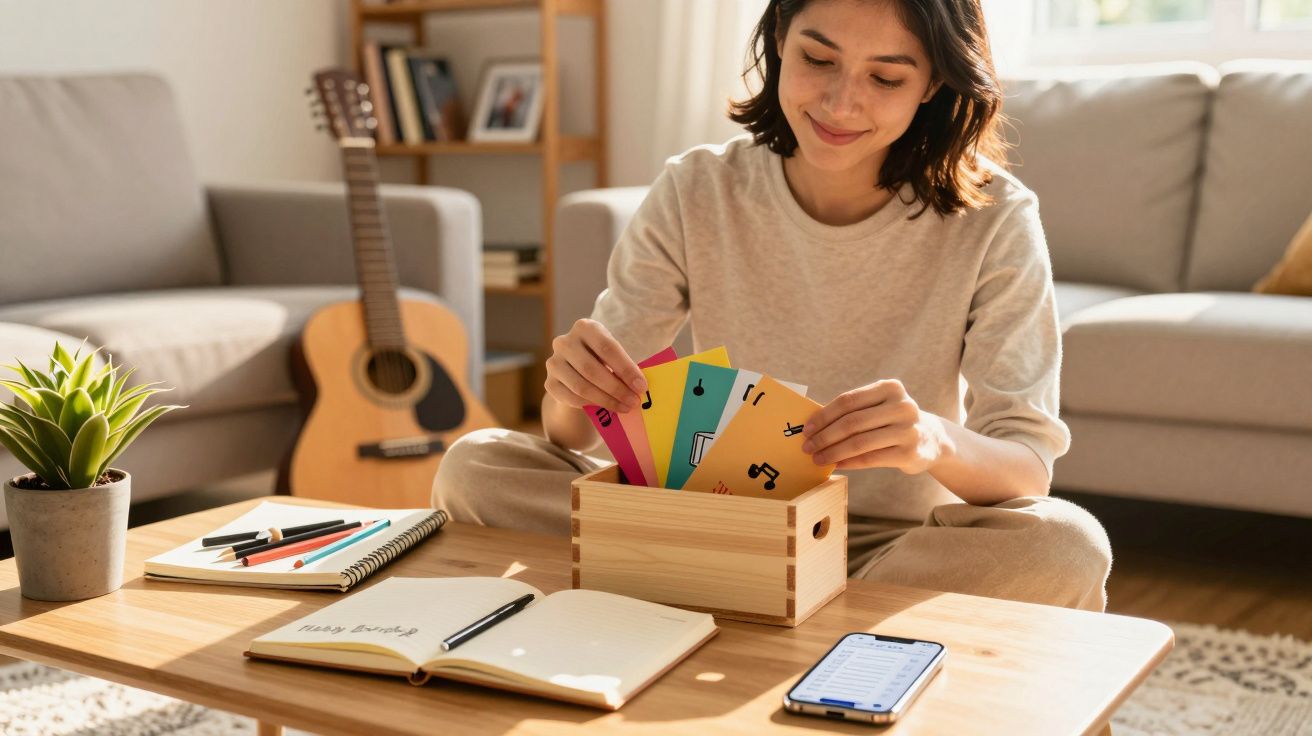 Mulher sentada no chão a organizar cartas coloridas numa caixa de madeira numa sala acolhedora.