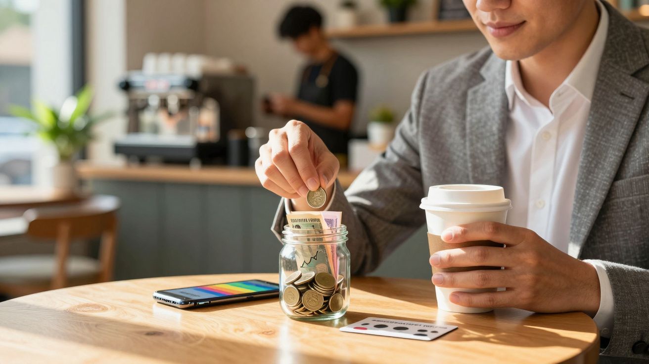 Homem a colocar moedas num mealheiro enquanto segura um copo de café num café acolhedor.