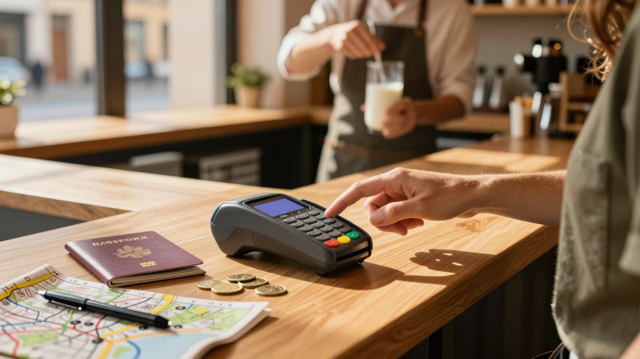 Pessoa a pagar com cartão num terminal de pagamento, com passaporte, moedas e mapa numa mesa de madeira.