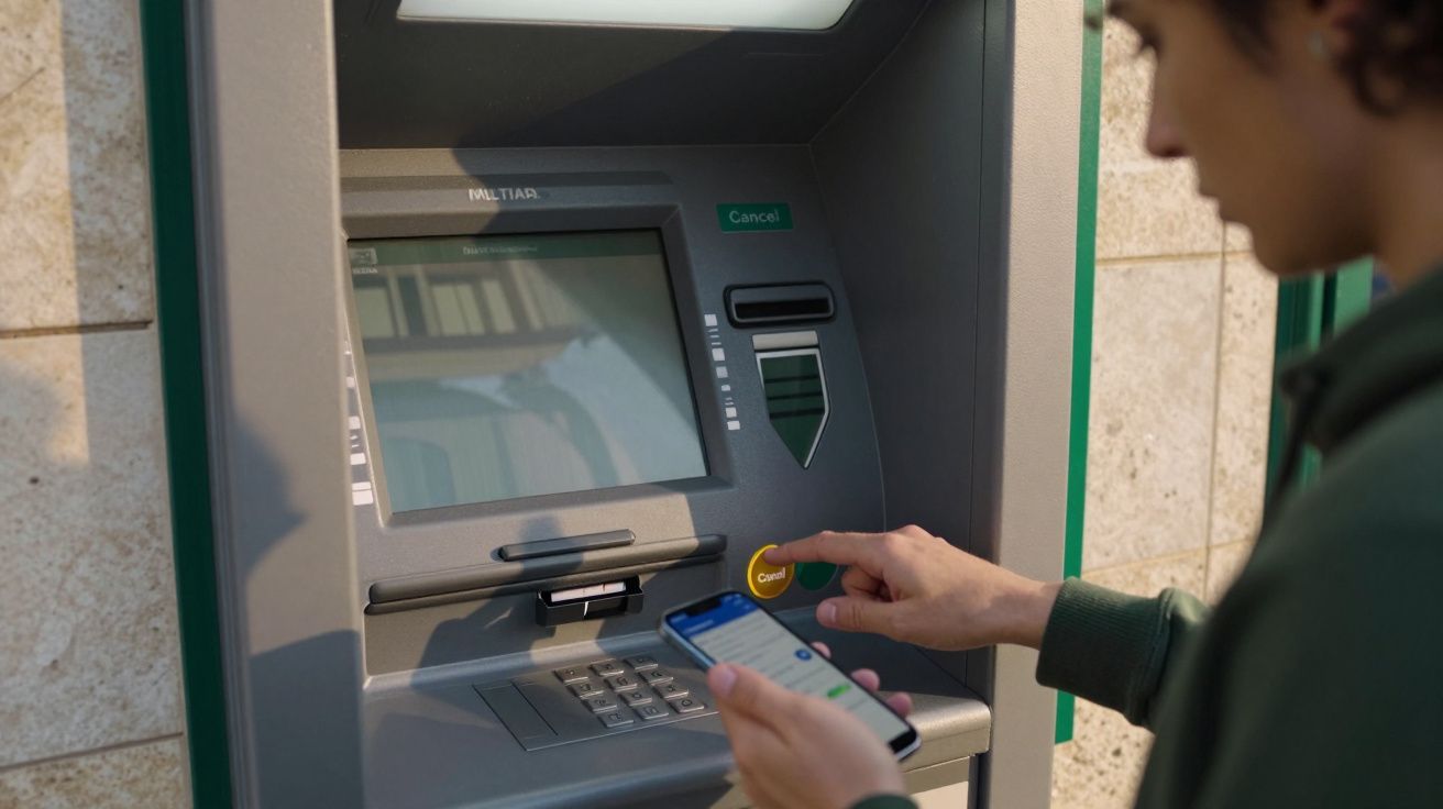 Pessoa a utilizar multibanco, com uma mão no botão Cancelar e outra a segurar um telemóvel.