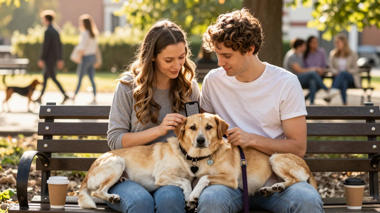 Casal sentado num banco de parque a acariciar um cão grande e amarelo entre eles, dois cafés no banco.
