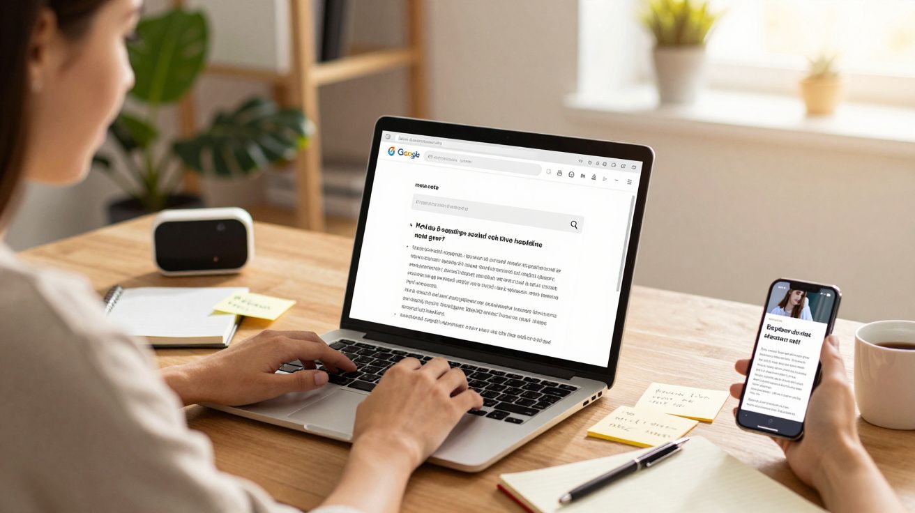 Pessoa a trabalhar num computador portátil e a usar um telemóvel numa secretária com apontamentos e chá.