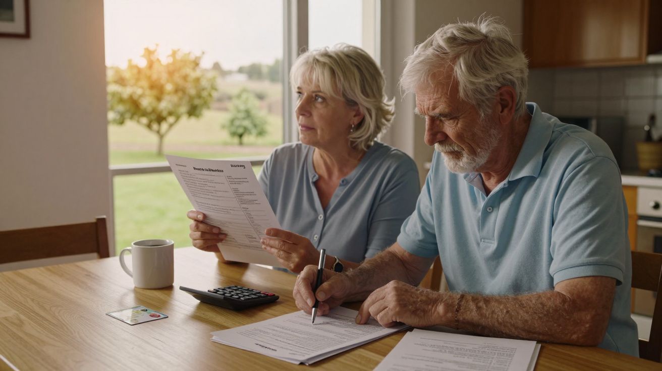 Casal sénior sentado à mesa a analisar documentos e a preencher formulário, com calculadora e cartão bancário.