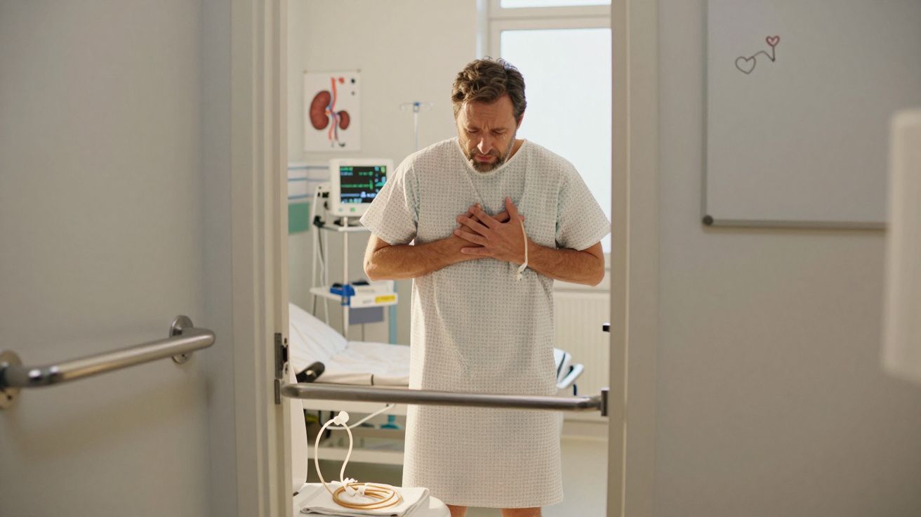 Homem em bata de hospital segurando o peito, aparentando dor, numa sala de enfermaria.