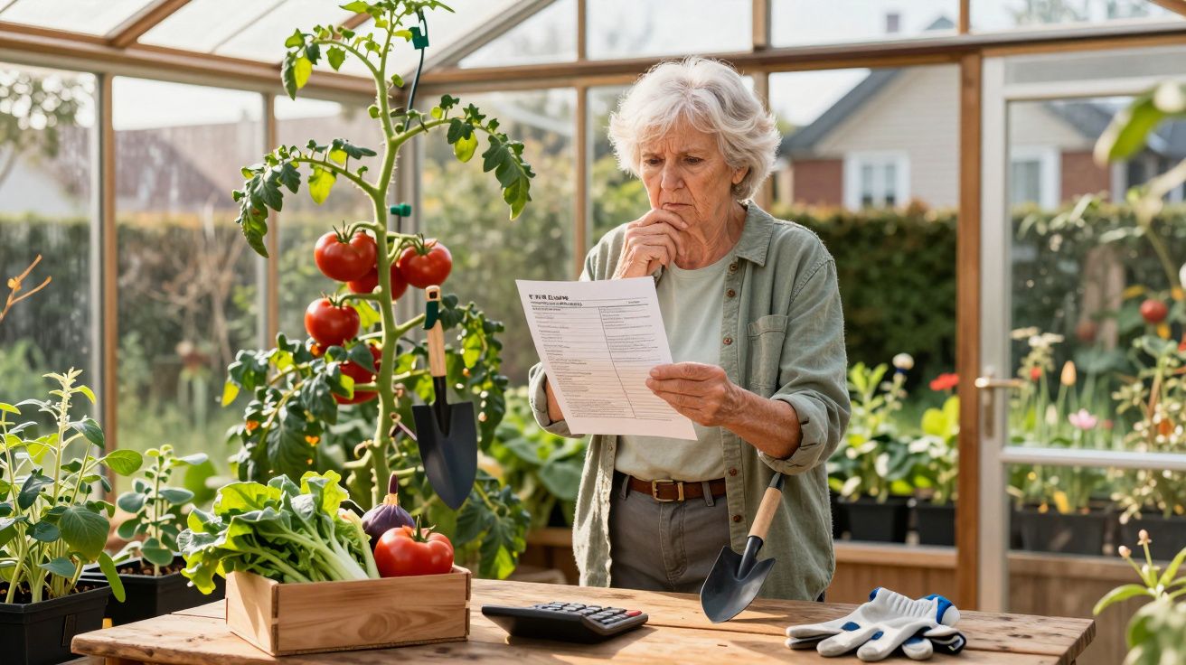 Mulher idosa pensativa a ler instruções numa estufa com plantas e legumes numa mesa de madeira.