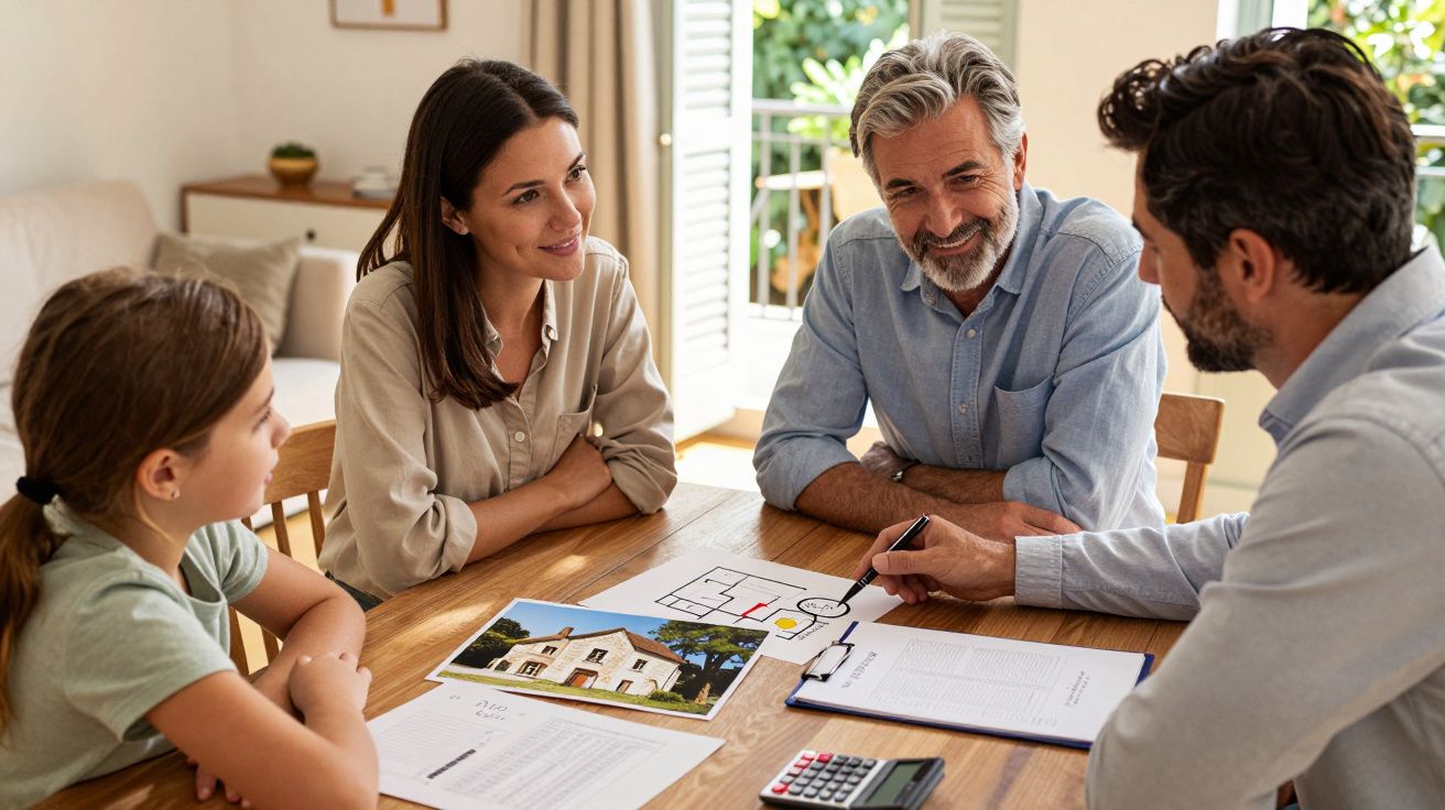 Quatro pessoas sentadas à mesa a discutir planos e documentos de uma casa com fotografias e plantas.