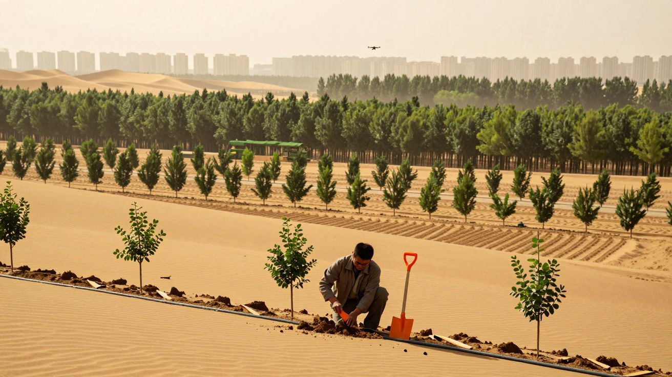 Homem planta árvores em linha no deserto com fileiras de árvores e edifícios ao fundo.