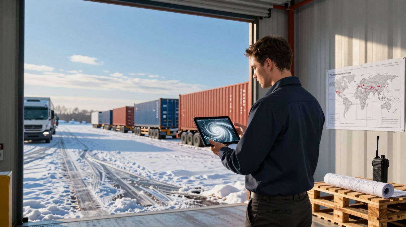 Homem com tablet a controlar contentores num armazém com chão e exterior cobertos de neve.