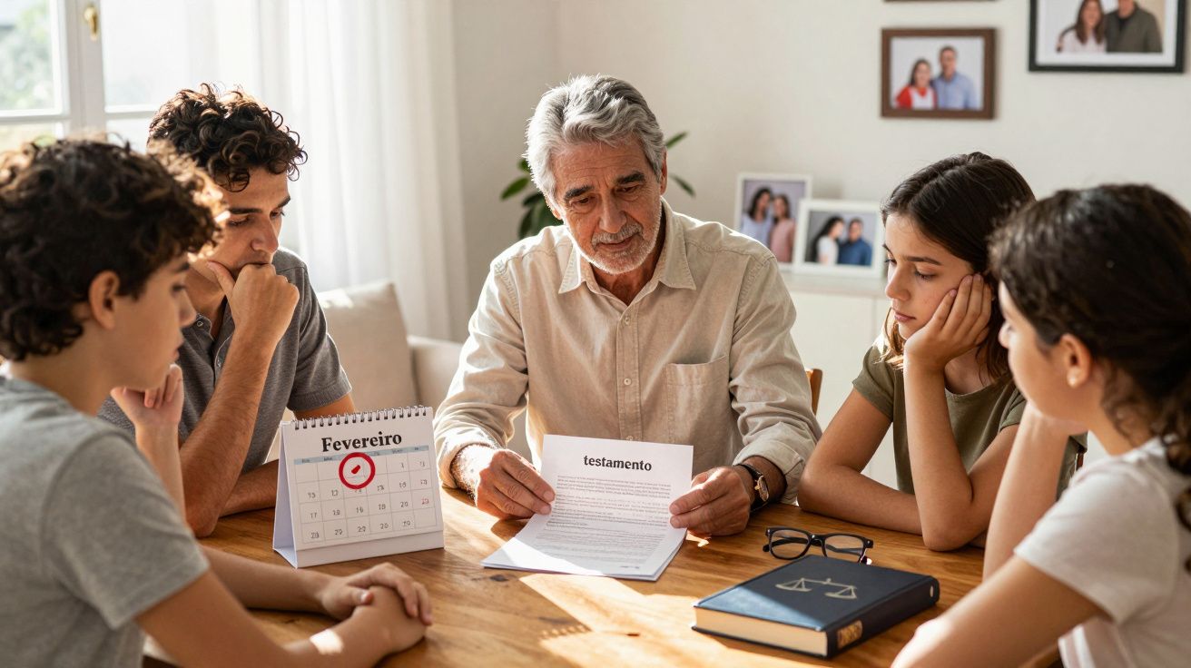 Homem idoso explica testamento a quatro jovens sentados à mesa, com calendário e livro visíveis.