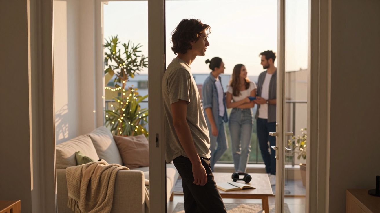 Jovem de perfil na porta de casa, três amigos conversam ao fundo numa varanda com luz natural.
