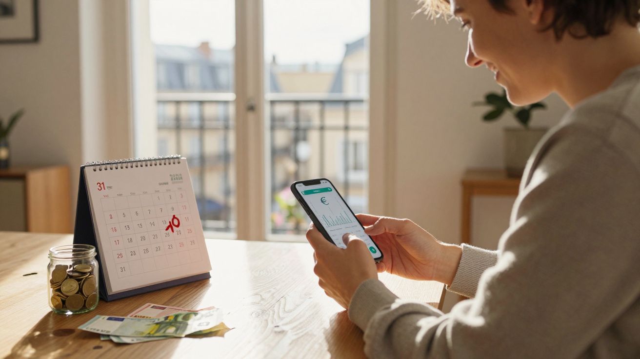 Pessoa a consultar aplicação de finanças num telemóvel, com moedas, notas e calendário numa mesa iluminada.