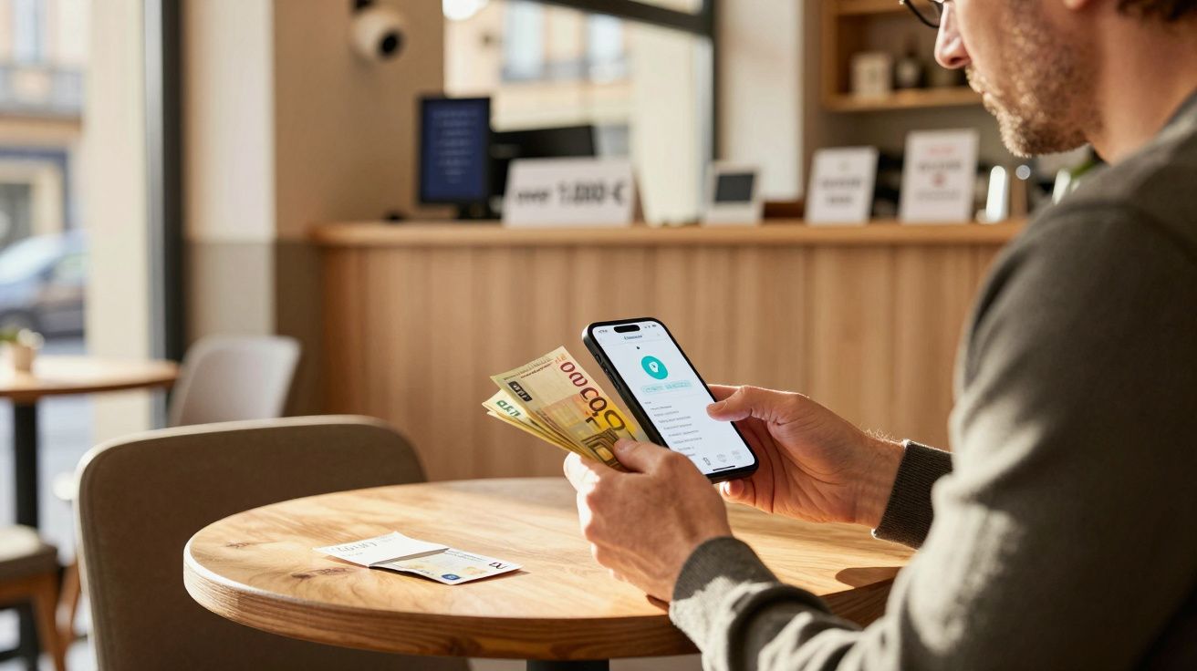 Homem num café a segurar notas de euro e a usar telemóvel com aplicação financeira aberta.