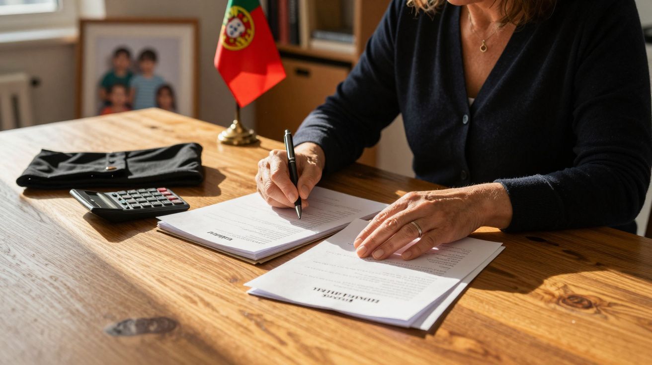 Pessoa a assinar documentos numa mesa de madeira com bandeira de Portugal e calculadora ao lado.
