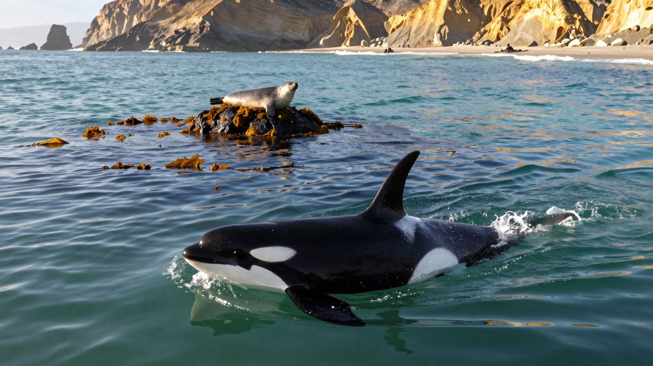 Orca a nadar perto da costa e uma foca repousa num rochedo com algas numa baía rochosa ao pôr do sol.