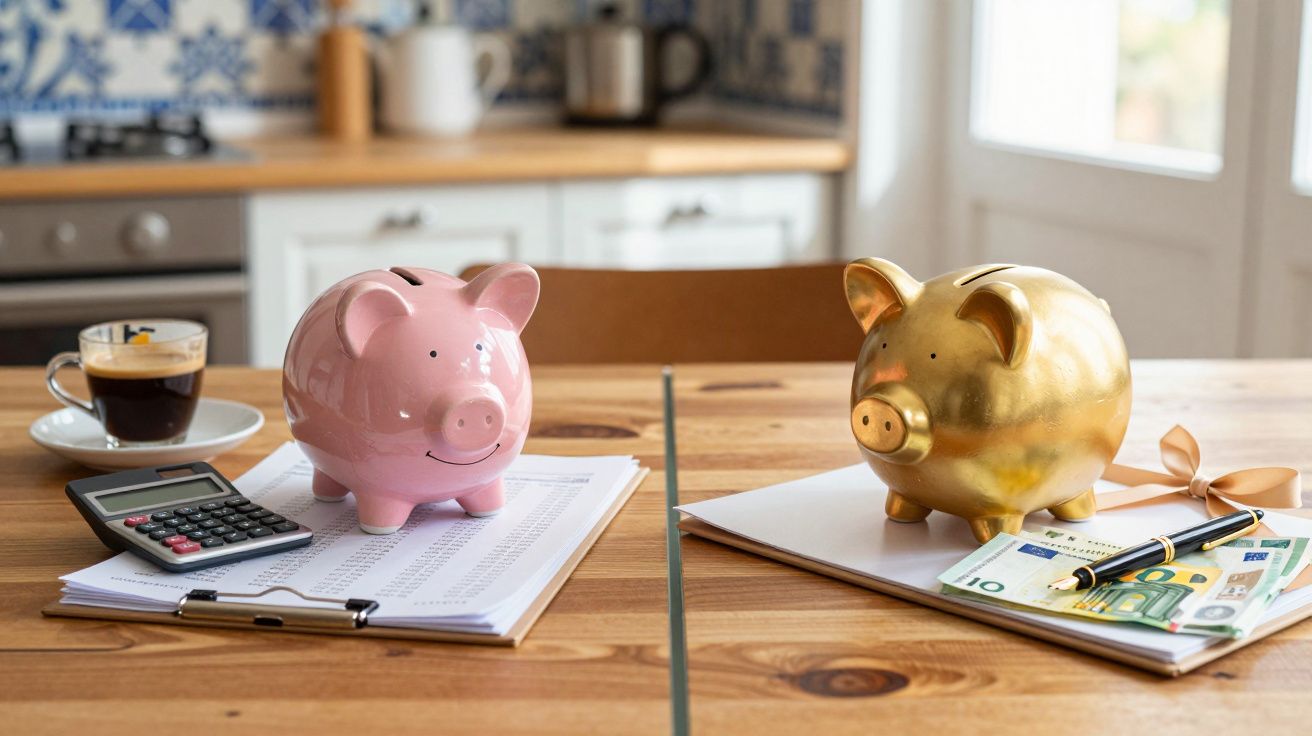 Duas mealheiros, uma rosa e outra dourada, sobre documentos numa mesa de madeira com café, calculadora e notas euros.