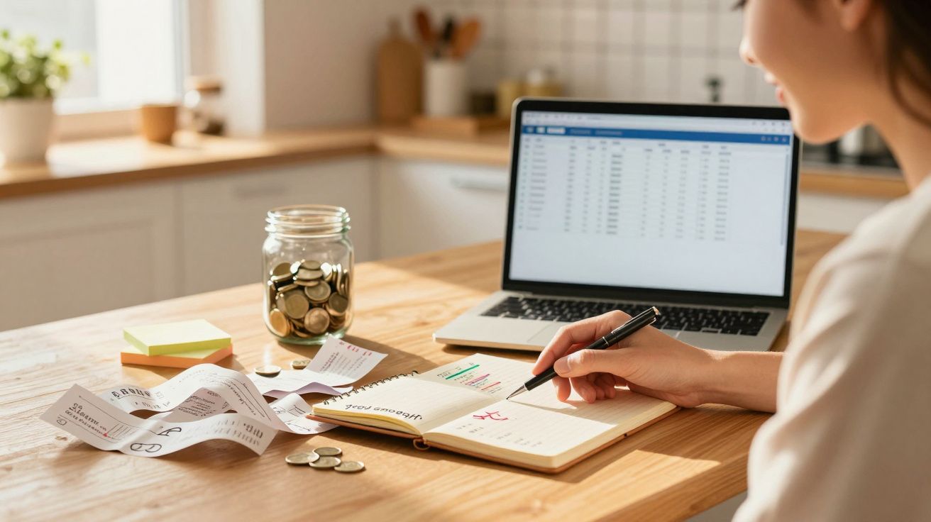 Pessoa a planear orçamento com receitas e despesas, com laptop, jarro de moedas e recibos numa mesa de madeira.